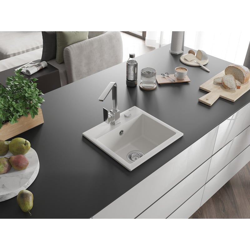 Mexen Milo granitový dřez s 1 komorou a kuchyňskou baterií Rita, bílý - 6505-20-670300-00