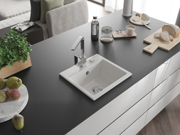 Mexen Milo granitový dřez s 1 komorou a kuchyňskou baterií Rita, bílý - 6505-20-670300-00