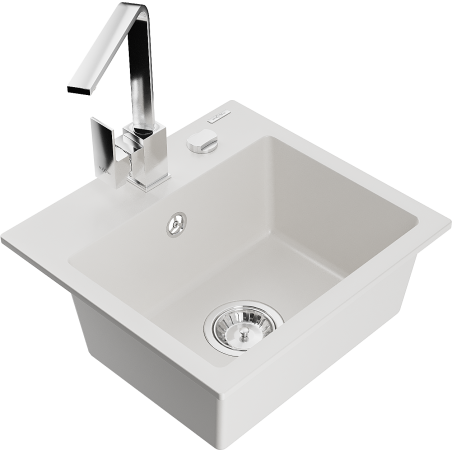 Mexen Milo granitový dřez s 1 komorou a kuchyňskou baterií Rita, bílý - 6505-20-670300-00