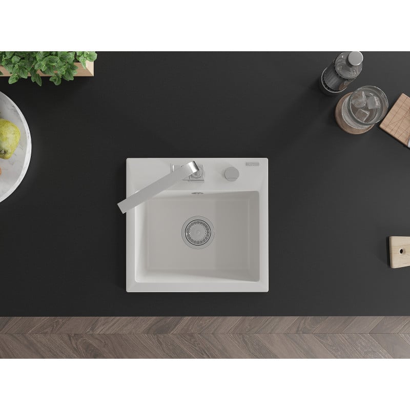 Mexen Milo granitový dřez s 1 komorou a kuchyňskou baterií Rita, bílý - 6505-20-670300-00