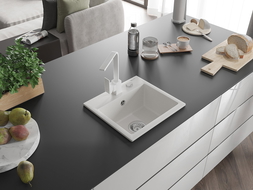 Mexen Milo granitový dřez s 1 komorou a kuchyňskou baterií Rita, bílý - 6505-20-670300-20
