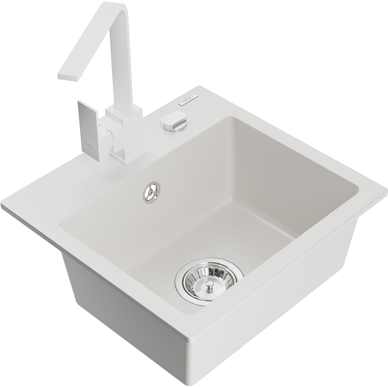 Mexen Milo granitový dřez s 1 komorou a kuchyňskou baterií Rita, bílý - 6505-20-670300-20