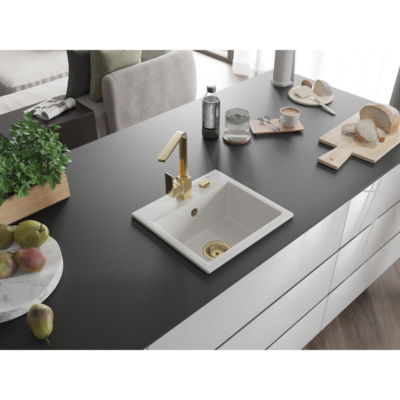 Mexen Milo granitový jednodřez s kuchyňskou baterií Rita, bílý - 6505-20-670300-50