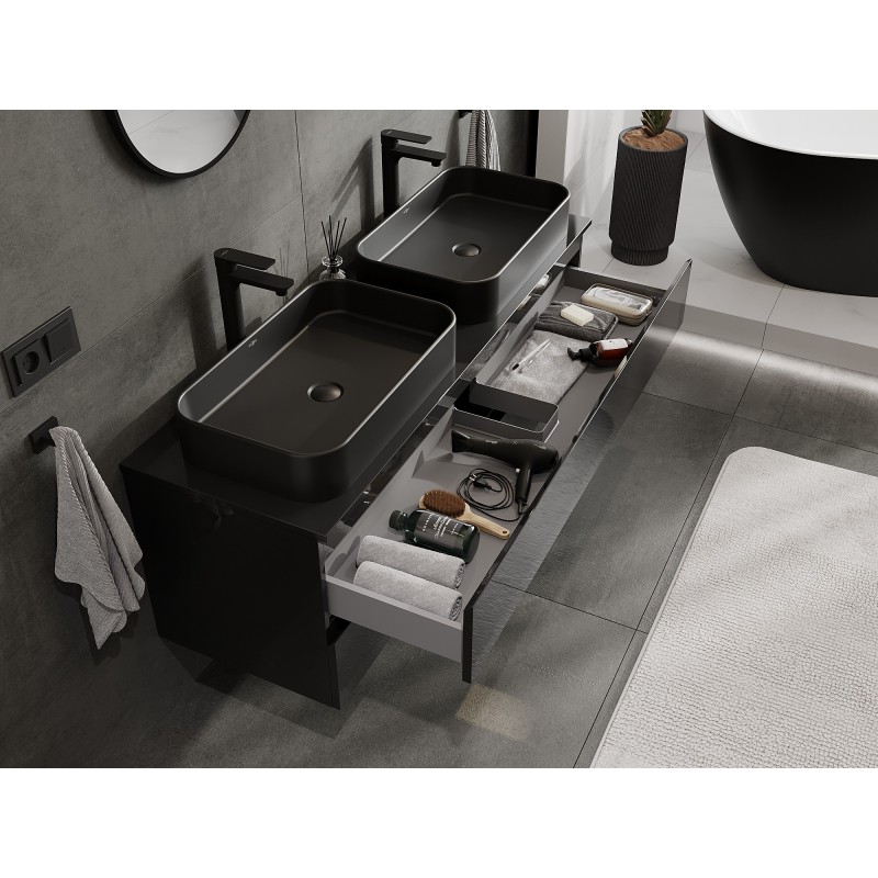 Mexen Orio koupelnová skříňka pod umyvadlo 140 cm s deskou, 2 zásuvky, černý lesk - 91A10-14047-2-BFFC70