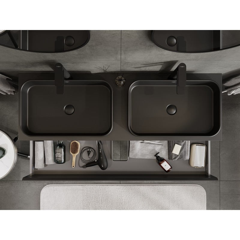 Mexen Orio koupelnová skříňka pod umyvadlo 140 cm s deskou, 2 zásuvky, černá mat - 91A10-14047-2-BFFC71