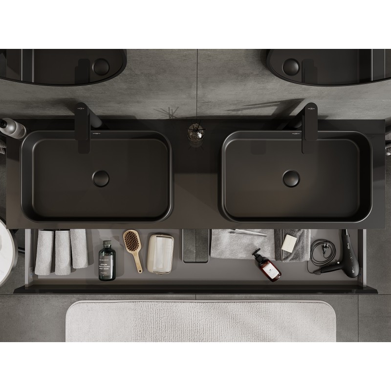 Mexen Orio koupelnová skříňka pod umyvadlo 160 cm s deskou, 2 zásuvky, černý lesk - 91A10-16047-2-BFFC70