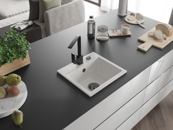 Mexen Milo granitový dřez 1-komorový s kuchyňskou baterií Rita, bílý - 6505-20-670300-70