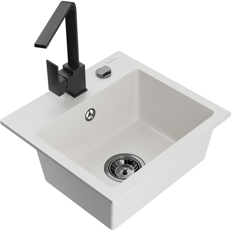 Mexen Milo granitový dřez 1-komorový s kuchyňskou baterií Rita, bílý - 6505-20-670300-70