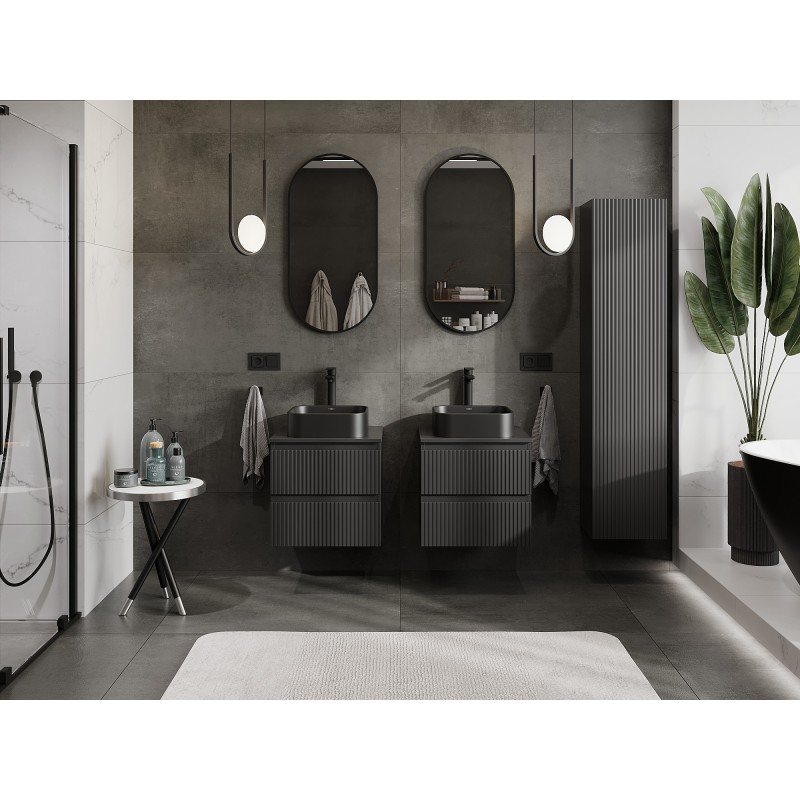 Mexen Rivel koupelnová skříňka pod umyvadlo 50 cm s deskou, 2 zásuvky, drážkovaná, černá mat - 91A20-05047-2-BFFC71