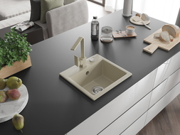 Mexen Milo granitový dřez 1-komorový s kuchyňskou baterií Rita, béžový - 6505-69-670300-69