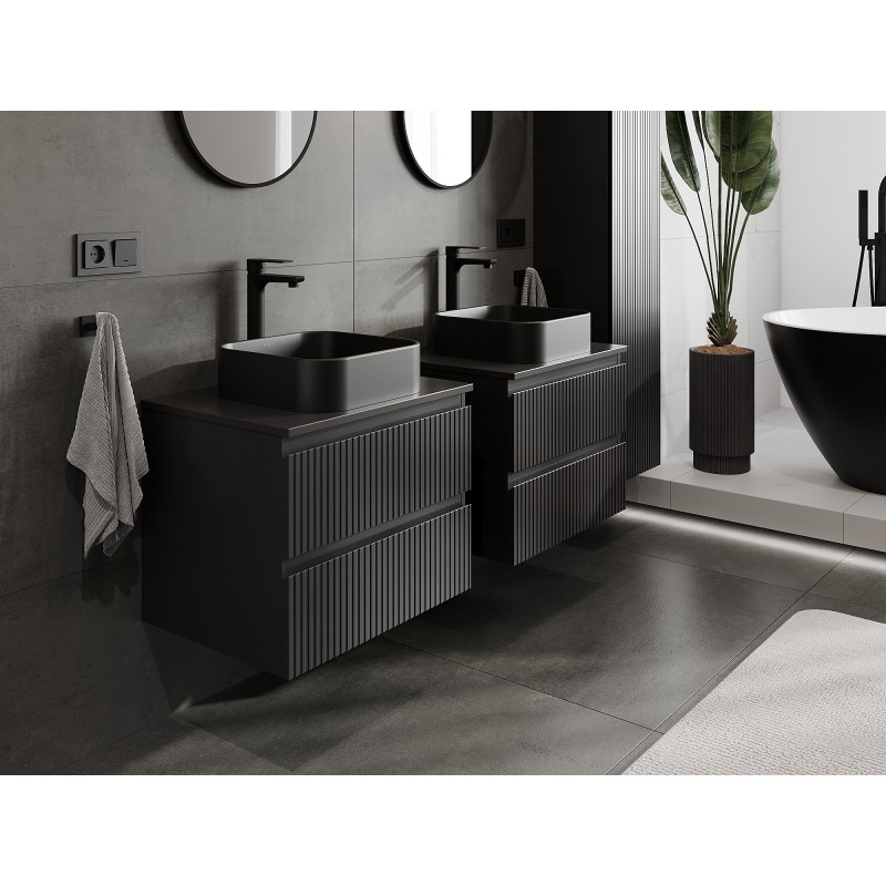 Mexen Rivel koupelnová skříňka pod umyvadlo 60 cm s deskou, 2 zásuvky, drážkovaný, černý mat - 91A20-06047-2-BFFC71