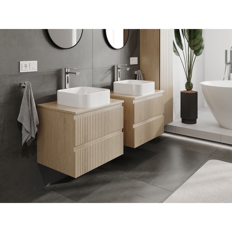 Mexen Rivel koupelnová skříňka pod umyvadlo 60 cm s deskou, 2 zásuvky, drážkovaná, dub - 91A20-06047-2-BFFC81