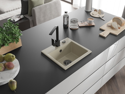 Mexen Milo granitový dřez s jednou komorou s kuchyňskou baterií Rita, béžový - 6505-69-670300-70