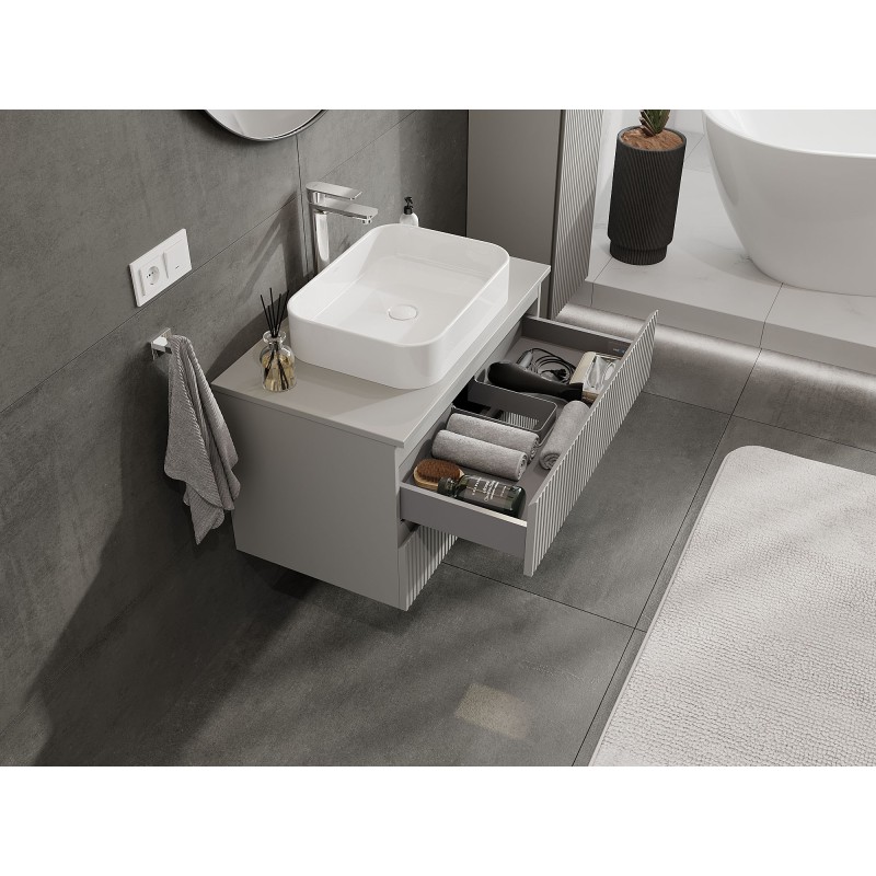 Mexen Rivel koupelnová skříňka pod umyvadlo 80 cm s deskou, 2 zásuvky, drážkovaná, šedá mat - 91A20-08047-2-BFFC62