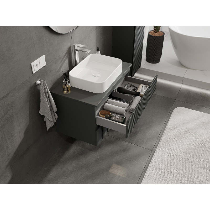 Mexen Rivel koupelnová skříňka pod umyvadlo 80 cm s deskou, 2 zásuvky, drážkovaná, grafit mat - 91A20-08047-2-BFFC66