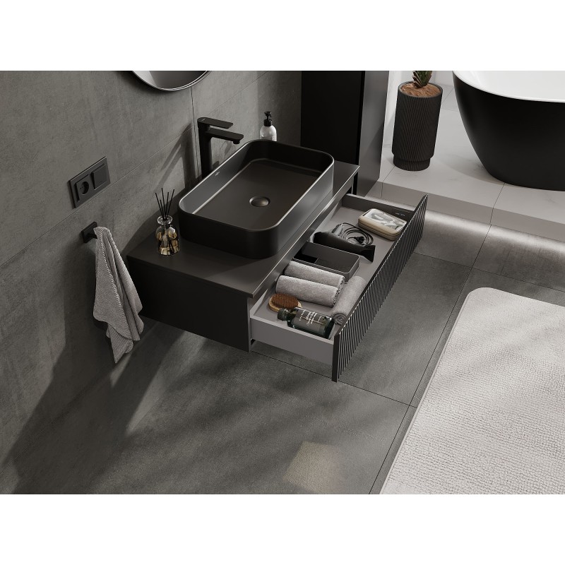 Mexen Rivel koupelnová skříňka pod umyvadlo 90 cm s deskou, 1 zásuvka, drážkovaná, černá mat - 91A20-09023-1-BFC71