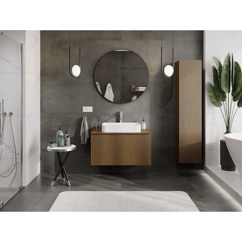 Mexen Rivel koupelnová skříňka pod umyvadlo 90 cm s deskou, 1 zásuvka, drážkovaná, ořech - 91A20-09047-1-BFC86