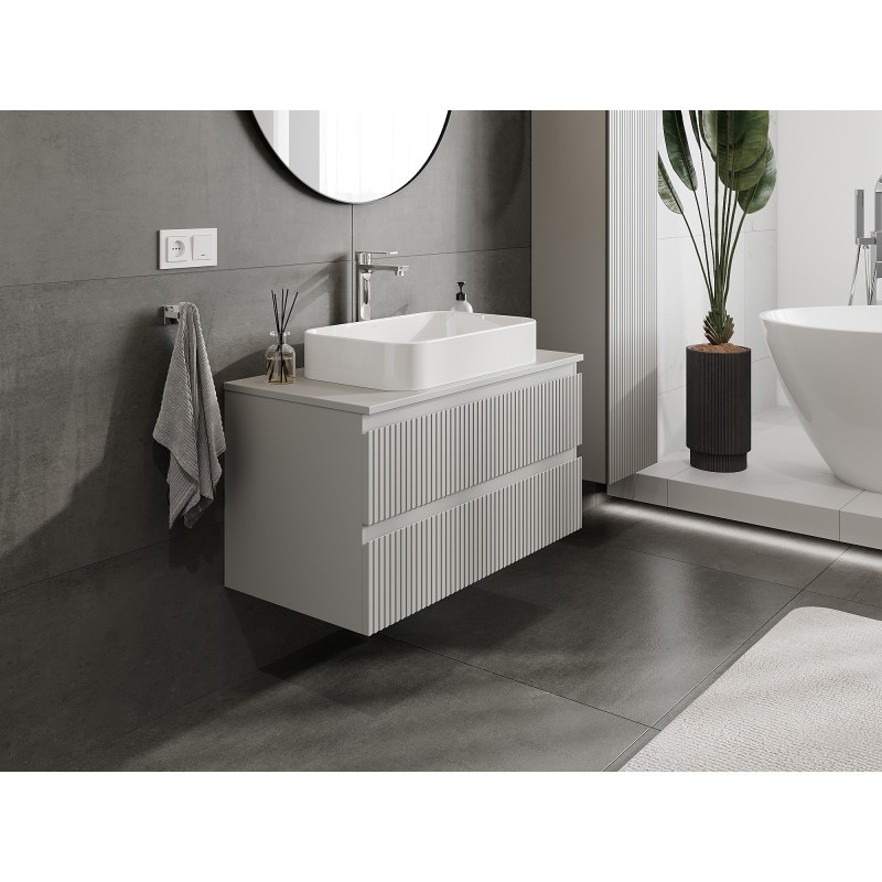 Mexen Rivel koupelnová skříňka pod umyvadlo 90 cm s deskou, 2 zásuvky, rýhovaná, šedý mat - 91A20-09047-2-BFFC62