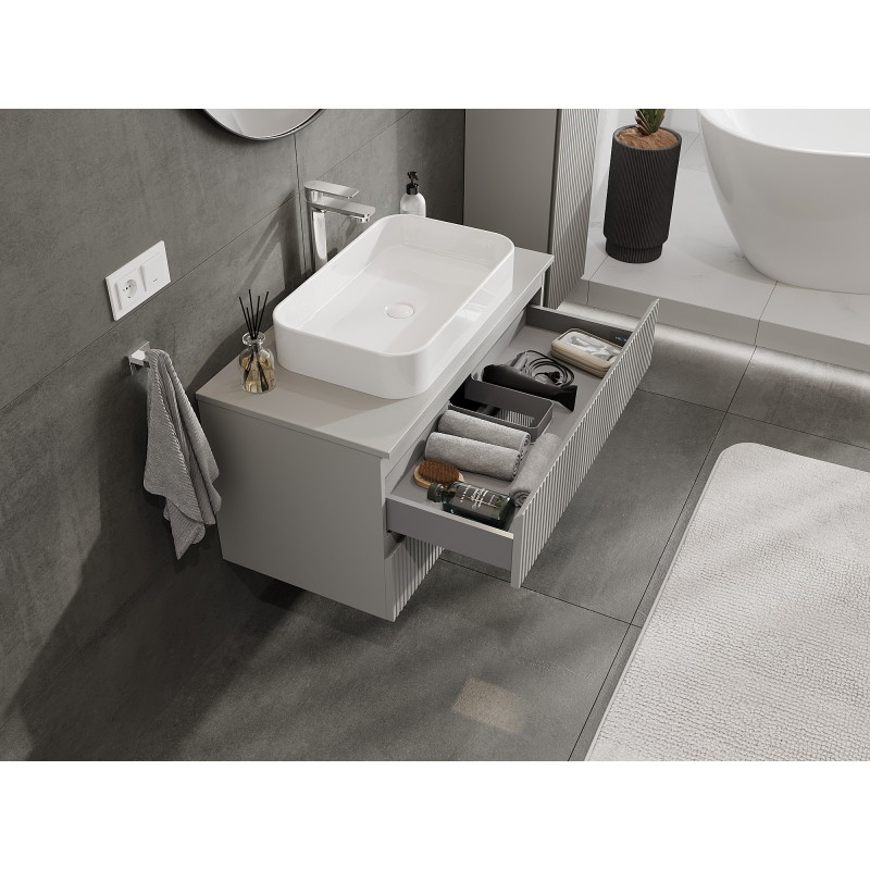 Mexen Rivel koupelnová skříňka pod umyvadlo 90 cm s deskou, 2 zásuvky, rýhovaná, šedý mat - 91A20-09047-2-BFFC62