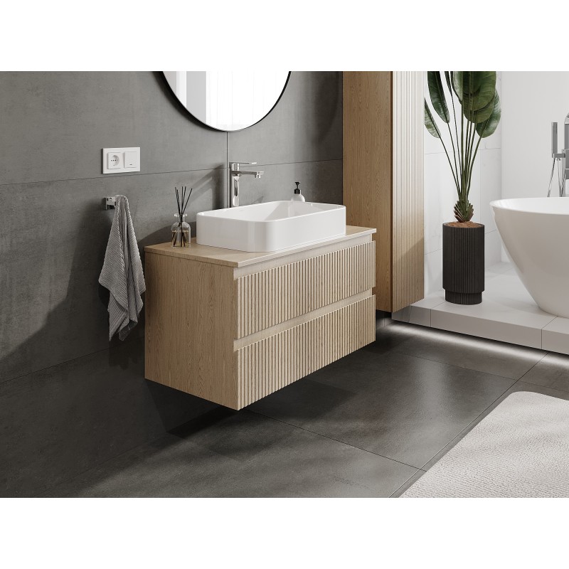 Mexen Rivel koupelnová skříňka pod umyvadlo 90 cm s deskou, 2 zásuvky, drážkovaná, dub - 91A20-09047-2-BFFC81