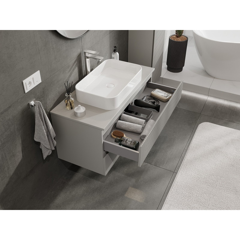 Mexen Rivel koupelnová skříňka pod umyvadlo 100 cm s deskou, 2 zásuvky, drážkovaná, šedá mat - 91A20-10047-2-BFFC62