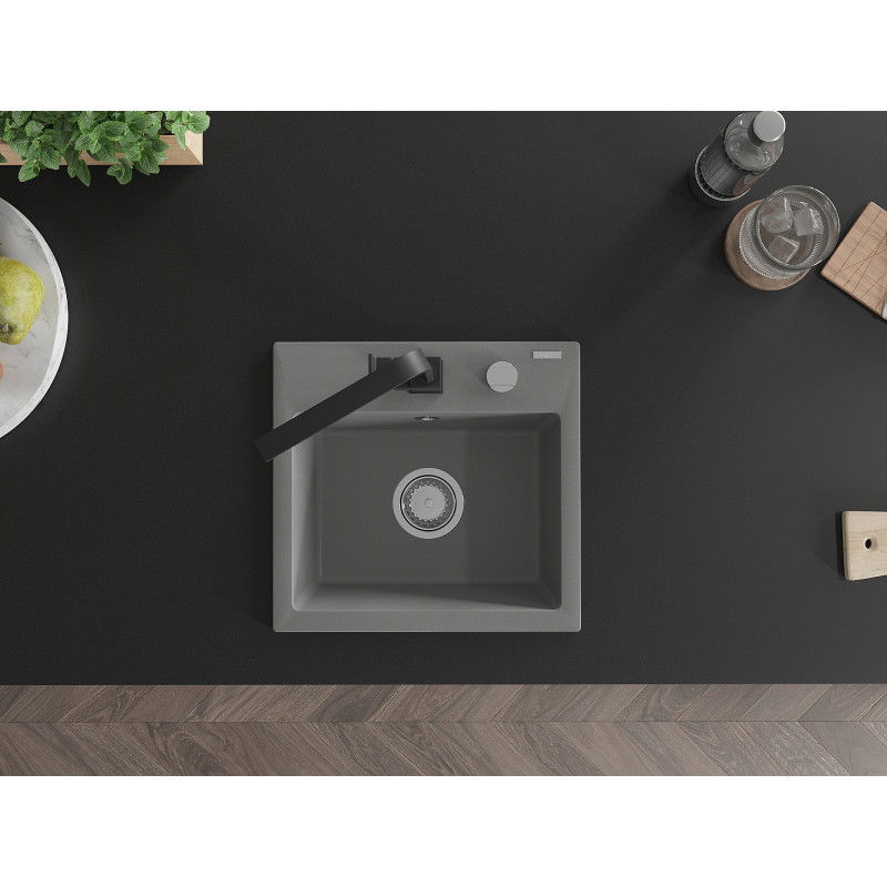 Mexen Milo granitový dřez 1-komorový s kuchyňskou baterií Rita, šedý - 6505-71-670300-70