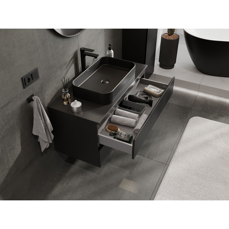 Mexen Rivel koupelnová skříňka pod umyvadlo 100 cm s deskou, 2 zásuvky, drážkovaná, černá mat - 91A20-10047-2-BFFC71