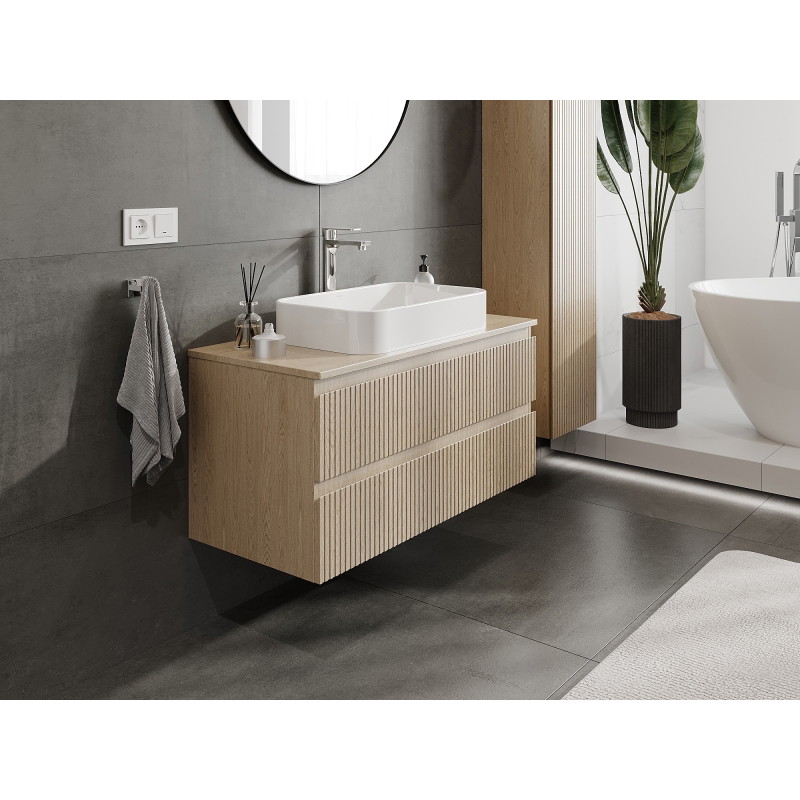 Mexen Rivel koupelnová skříňka pod umyvadlo 100 cm s deskou, 2 zásuvky, rýhovaná, dub - 91A20-10047-2-BFFC81
