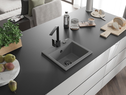 Mexen Milo žulový dřez s 1 komorou a kuchyňskou baterií Rita, šedý - 6505-71-670300-70-B