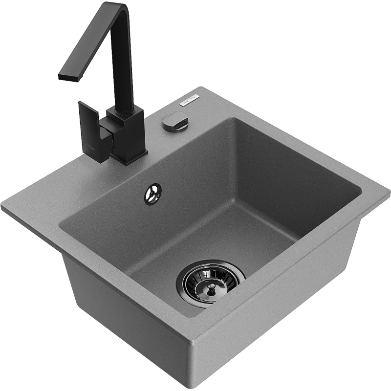 Mexen Milo žulový dřez s 1 komorou a kuchyňskou baterií Rita, šedý - 6505-71-670300-70-B
