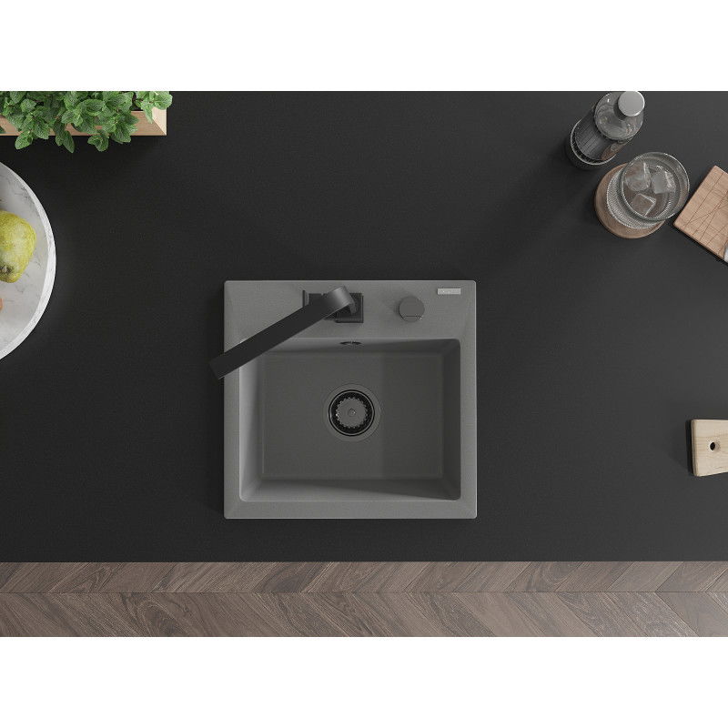 Mexen Milo žulový dřez s 1 komorou a kuchyňskou baterií Rita, šedý - 6505-71-670300-70-B