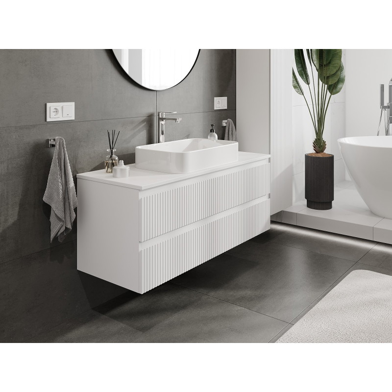 Mexen Rivel koupelnová skříňka pod umyvadlo 120 cm s deskou, 2 zásuvky, drážkovaná, bílá mat - 91A20-12047-2-BFFC01