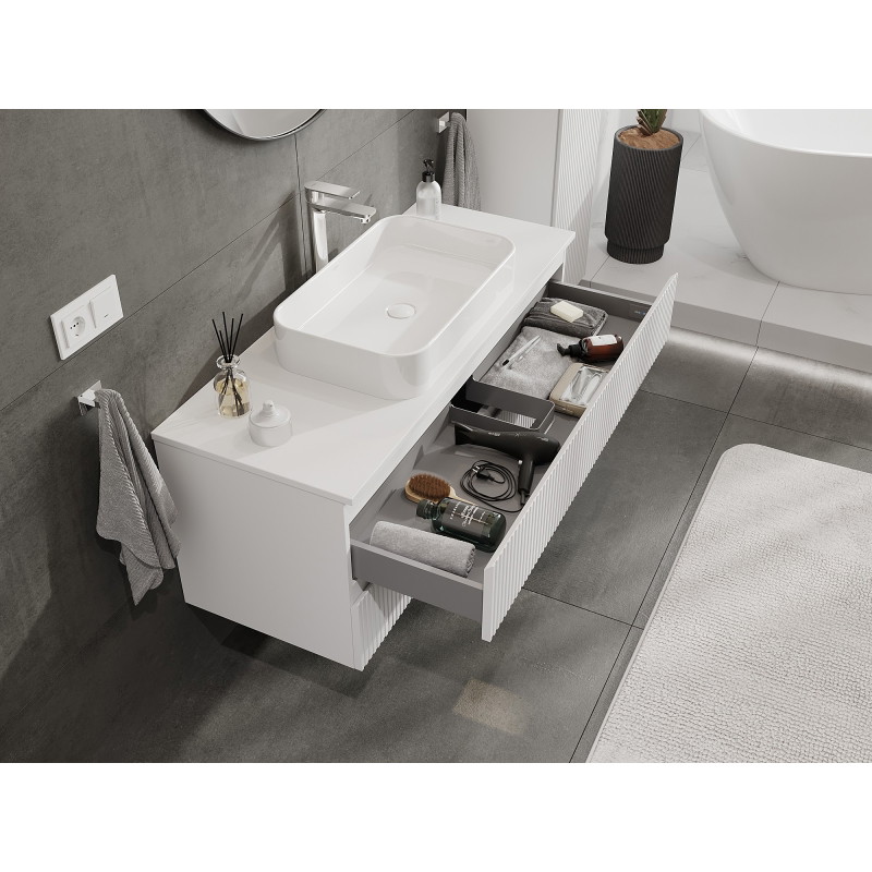 Mexen Rivel koupelnová skříňka pod umyvadlo 120 cm s deskou, 2 zásuvky, drážkovaná, bílá mat - 91A20-12047-2-BFFC01