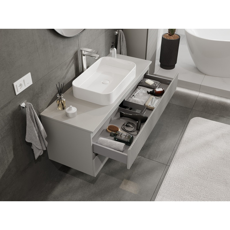 Mexen Rivel koupelnová skříňka pod umyvadlo 120 cm s deskou, 2 zásuvky, rýhovaná, šedá mat - 91A20-12047-2-BFFC62
