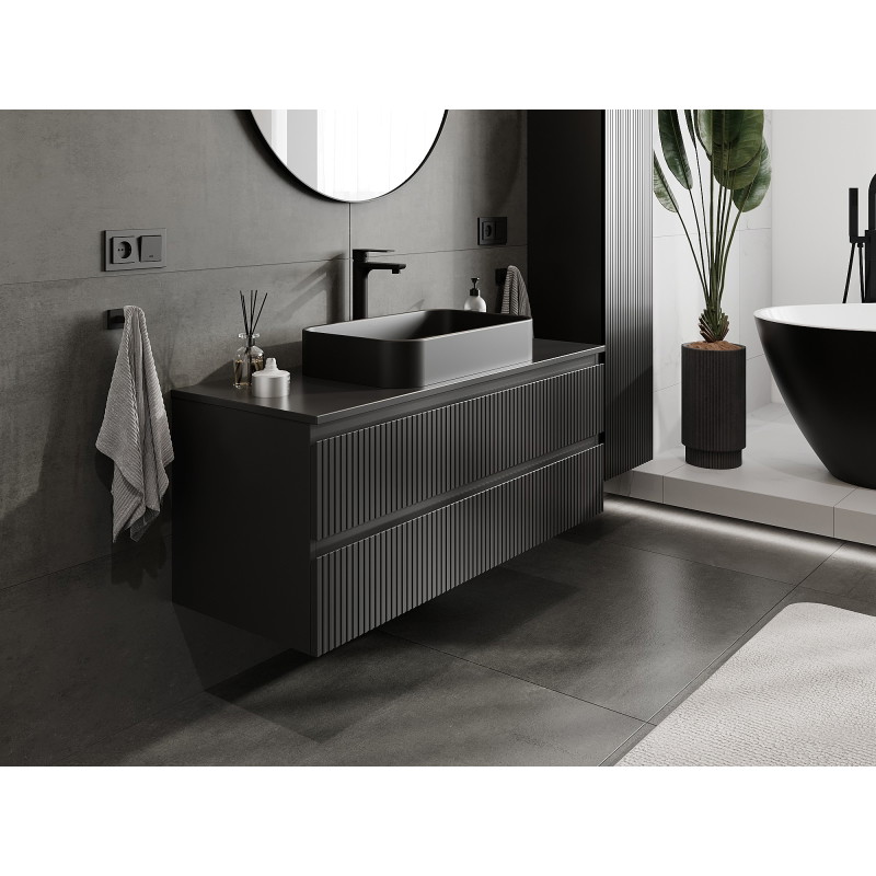Mexen Rivel koupelnová skříňka pod umyvadlo 120 cm s deskou, 2 zásuvky, rýhovaná, černý mat - 91A20-12047-2-BFFC71