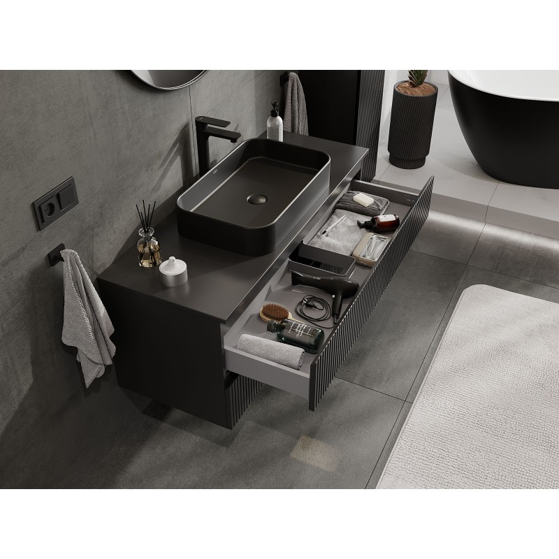 Mexen Rivel koupelnová skříňka pod umyvadlo 120 cm s deskou, 2 zásuvky, drážkovaná, černá matová - 91A20-12047-2-BFFC71