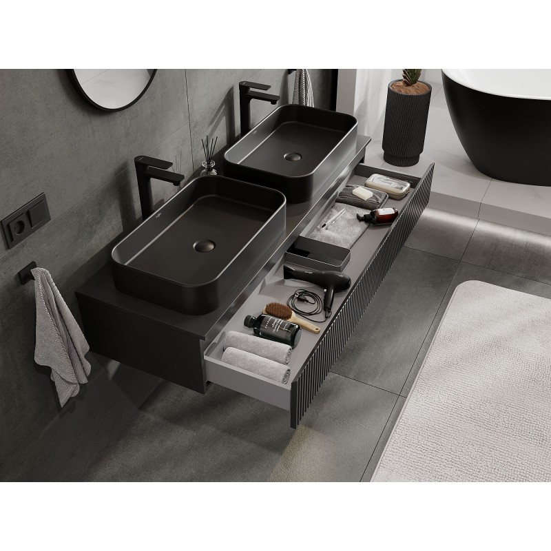 Mexen Rivel koupelnová skříňka pod umyvadlo 140 cm s deskou, 1 zásuvka, rýhovaná, černá mat - 91A20-14023-1-BFC71