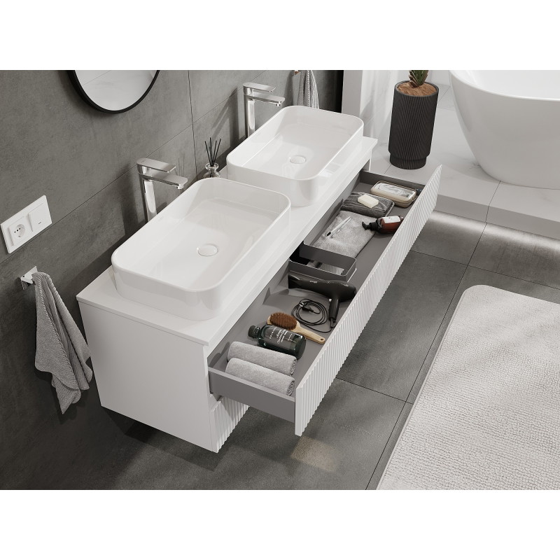 Mexen Rivel koupelnová skříňka pod umyvadlo 140 cm s deskou, 2 zásuvky, rýhovaná, bílá mat - 91A20-14047-2-BFFC01