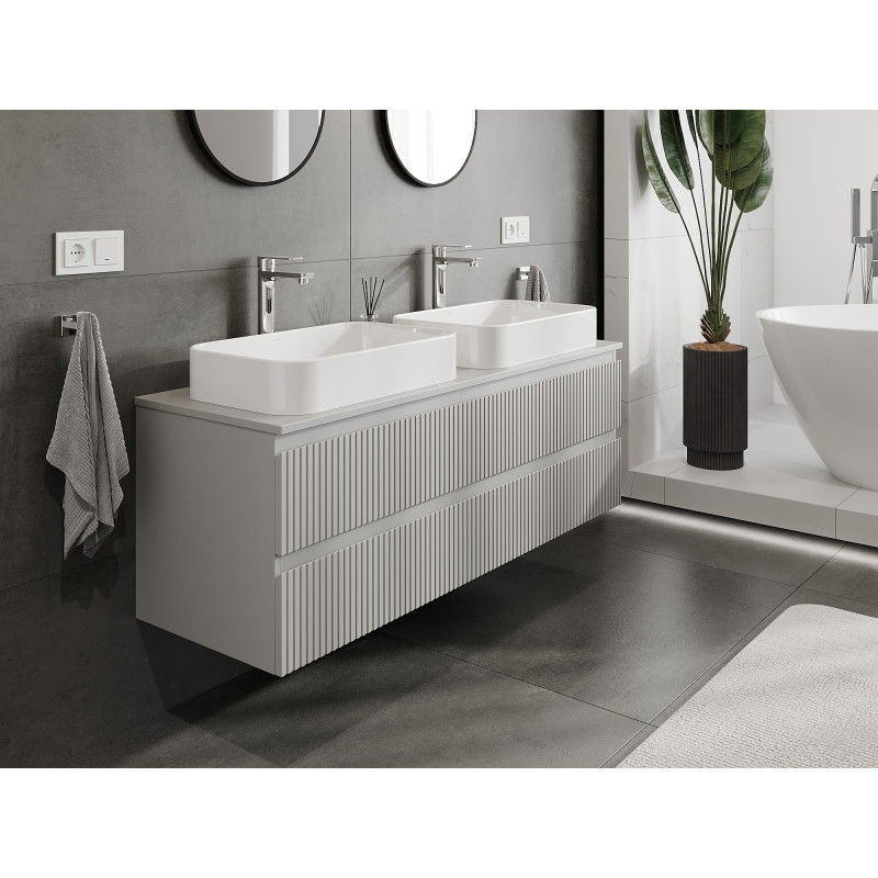 Mexen Rivel koupelnová skříňka pod umyvadlo 140 cm s deskou, 2 zásuvky, rýhovaná, šedá matná - 91A20-14047-2-BFFC62