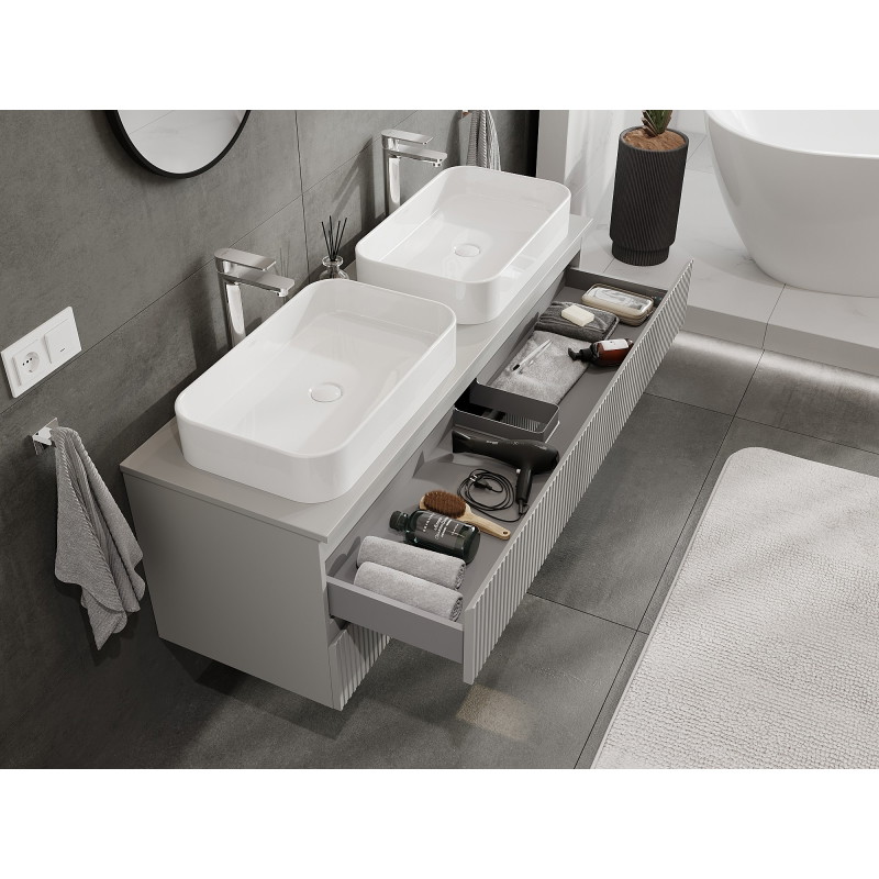 Mexen Rivel koupelnová skříňka pod umyvadlo 140 cm s deskou, 2 zásuvky, rýhovaná, šedá matná - 91A20-14047-2-BFFC62