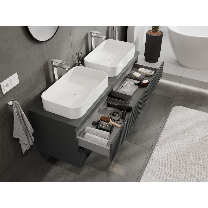 Mexen Rivel koupelnová skříňka pod umyvadlo 140 cm s deskou, 2 zásuvky, drážkovaná, grafit mat - 91A20-14047-2-BFFC66