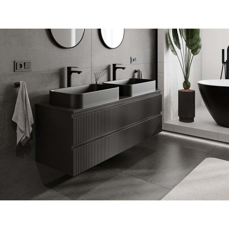 Mexen Rivel Koupelnová skříňka pod umyvadlo 140 cm s deskou, 2 zásuvky, drážkovaná, černý mat - 91A20-14047-2-BFFC71