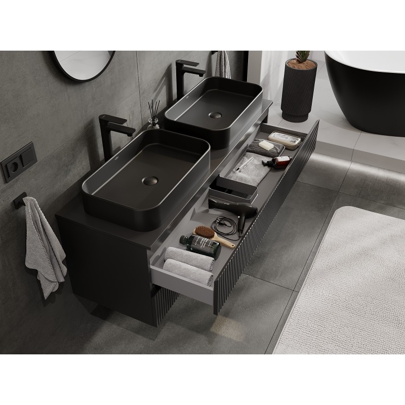 Mexen Rivel koupelnová skříňka pod umyvadlo 140 cm s deskou, 2 zásuvky, drážkovaná, černá mat - 91A20-14047-2-BFFC71