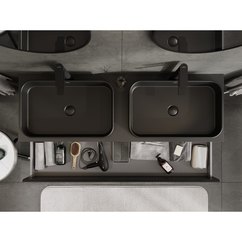 Mexen Rivel koupelnová skříňka pod umyvadlo 140 cm s deskou, 2 zásuvky, drážkovaná, černá mat - 91A20-14047-2-BFFC71