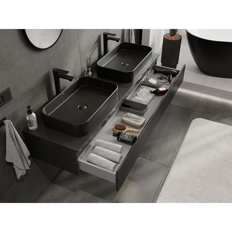 Mexen Rivel koupelnová skříňka pod umyvadlo 160 cm s deskou, 1 zásuvka, rýhovaná, černá mat - 91A20-16023-1-BFC71