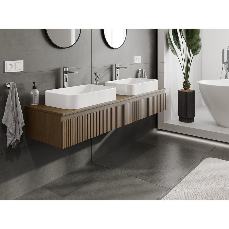 Mexen Rivel koupelnová skříňka pod umyvadlo 160 cm s deskou, 1 zásuvka, drážkovaná, ořech - 91A20-16023-1-BFC86