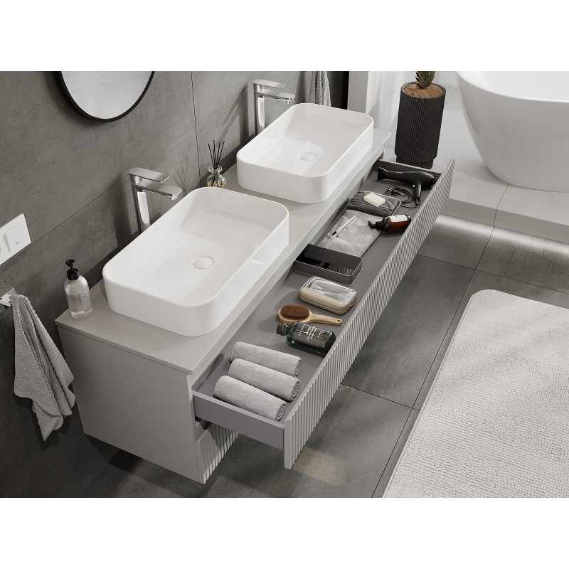 Mexen Rivel koupelnová skříňka pod umyvadlo 160 cm s deskou, 2 zásuvky, drážkovaná, šedá mat - 91A20-16047-2-BFFC62