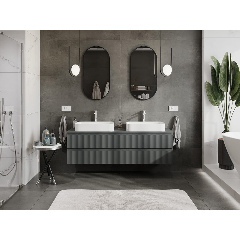 Mexen Rivel koupelnová skříňka pod umyvadlo 160 cm s deskou, 2 zásuvky, rýhovaná, grafit mat - 91A20-16047-2-BFFC66