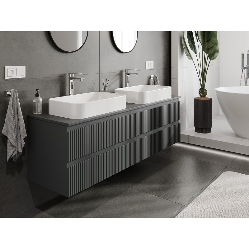 Mexen Rivel koupelnová skříňka pod umyvadlo 160 cm s deskou, 2 zásuvky, drážkovaná, matná grafitová - 91A20-16047-2-BFFC66