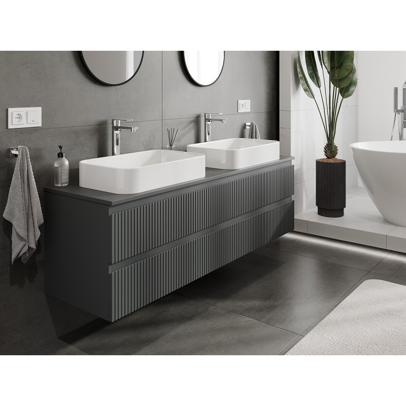 Mexen Rivel koupelnová skříňka pod umyvadlo 160 cm s deskou, 2 zásuvky, rýhovaná, grafit mat - 91A20-16047-2-BFFC66